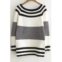 New Color Block Striped Split Long Sleeve Round Neck Sweater