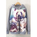 Women's Panda Print Grey Long Sleeve Fleece Sweatshirt Pullover Hoodie