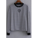 Fashion Heart Cut Out Striped Round Neck Long Sleeve Knit Top