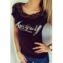 Fashion Angel Wings Printed Lace Insert Short Sleeve T-shirt