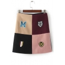 Fashion Cartoon Embroidered Color Block A-line Skirt