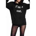 Women's Black Hooded Neck Letter Print Cat Ear with Pockets Hoodie