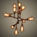12 Light Wrought Iron Industrial LED Chandelier with Wire Cages