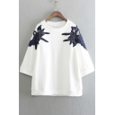 Fashion Floral Embroidered Detail Round Neck 3/4 Sleeve Loose Fit Sweatshirt