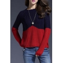 Fashion Color Block Round Neck Long Sleeve Pullover Sweater