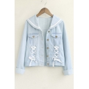 New Lace-Up Detail Single Breasted Cropped Denim Coat