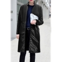 Oversized Stand-Up Collar Long Sleeve Open- Front Panel Woolen Overcoat