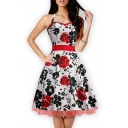 Women's Fashion Floral Print Halter A-line Midi Dress