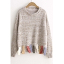 Fall Winter Fashion Round Neck Pullover Sweater with Tassel