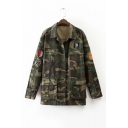 Lapel Embroidery Medal Long Sleeve Single Breasted Camouflage Jacket with Four Pockets
