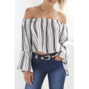Sexy Striped Off the Shoulder Long Lantern Sleeve Cropped Blouse