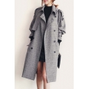 Plaid Notched Lapel Long Sleeve Longline Trench Coat