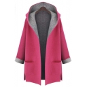 Fall Winter New Candy Color Open-Front Hooded Coat Plus Size