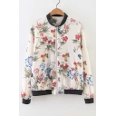 Fashion Floral Print Stand-Up Collar Contrast Trim Baseball Jacket