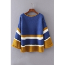 Fall Loose Color Block Striped Long Sleeve Round Neck Knitted Sweater
