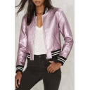 Fashion Color Block Trim Zipper Placket Long Sleeve Leather Baseball Jacket