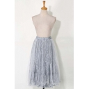 Fall Style Mesh Lace Embroidery Floral Print Elastic Waist Midi Pleated Skirt