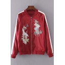 New Stylish Embroidery Floral Print Zipper Placket Stand-Up Collar Long Striped Sleeve Bomber Jacket