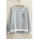 Striped Color Block Trim Embroidery Rabbit Print Round Neck Long Sleeve Pullover Sweatshirt