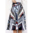 Ethnic/Striped Print Zip-Back Midi Skater Skirt