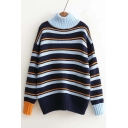 Stylish Color Black Stripe High Neck Long Sleeve Loose Sweater