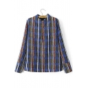 Colorful Striped Print Half High Neck Long Sleeve Color Block Blouse