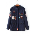 Stylish Embroidered Stand Up Collar Zip Up Coat