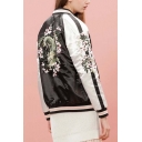 Trendy Reversible Floral Embroidered Color Block Baseball Jacket