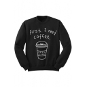 Letter Cup Print Round Neck Long Sleeve Pullover Sweatshirt