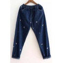 New Arrival Cute Dog Embroidered Elastic Waist Casual Jeans