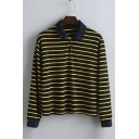 New Arrival Fall Spring Striped Long Sleeve Lapel T-shirt