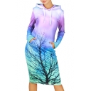 Stylish Tree Print Gradient Hooded Sweatshirt Dress with Front Pocket