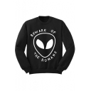Relaxed Round Neck Long Sleeve Letter Alien Print Pullover Sweatshirt