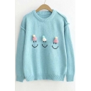 Cute Embroidery Cartoon Pattern Drop Long Sleeve Round Neck Sweater