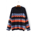 Round Neck Long Sleeve Contrast Stripped Cable Knit Sweater