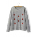 Trendy Round Neck Long Sleeve Embroidery Animal Pattern Sweater