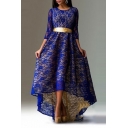 Graceful Long Sleeve Belt Waist Lace Crochet High Low Hem A-Line Maxi Dress