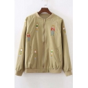 Trendy Cartoon Cat Embroidered Stand-up Collar Zip Up Jacket