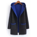 Stylish Color Block Two Pockets Open-Front Hooded Cardigan