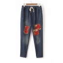 Casual Drawstring Mid Waist Floral Panel Seamed Detail Jeans