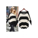 Oversized Striped Color Block Batwing Long Sleeve High and Low Hem Sweater with Round Neck
