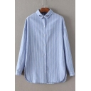 New Embroidery Eyelash Lapel Vertical Striped Single Breasted Split Side Button Down Shirt