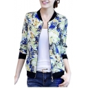 Women's Casual Slim Fit Round Neck Floral Print Baseball Bomber Jacket
