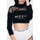 Sexy Hooded Mesh Insert Letter Print Cropped Hoodie