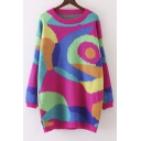Color Block Round Neck Long Sleeve Midi Sweater Dress