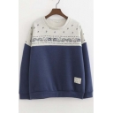 Preppy Style Loose Fish Printed Color Block Pullover Sweatshirt with Long Sleeve