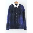 Contrast Ox Lapel Ruffle Front Galaxy Print Single Breasted Button Down Shirt