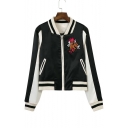 Black and White Color Block Stand-Up Collar Zip Front Embroidery Floral Crop Baseball Jacket