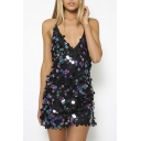 Sequined Design Plunge Neck Open Back Sexy Mini Slip Dress