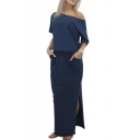 Sexy Inclined Shoulder Half Sleeve Split Side Maxi Dress with Two Pockets